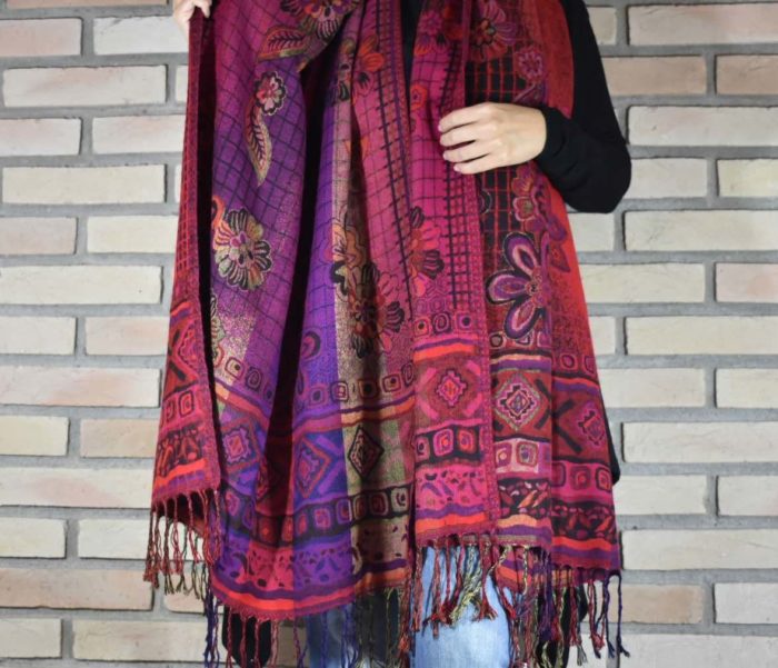 Manta indiana de lã dupla face (retangular) - roxo e pink