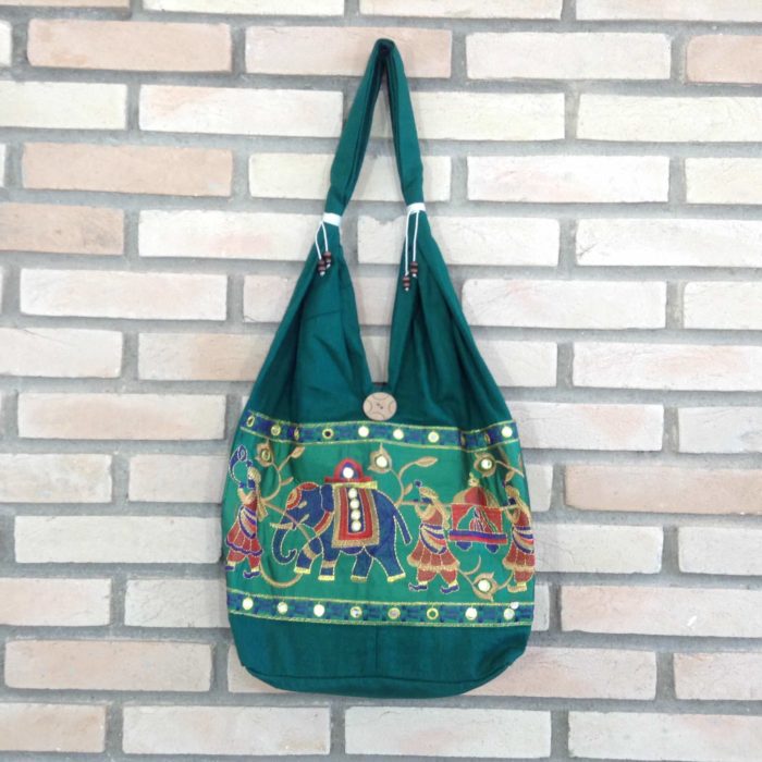 Bolsa indiana estilo saco com bordado de elefante (cor verde)