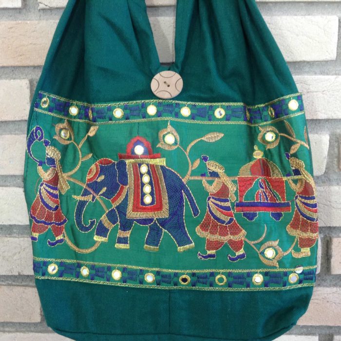 Bolsa indiana estilo saco com bordado de elefante (cor verde)