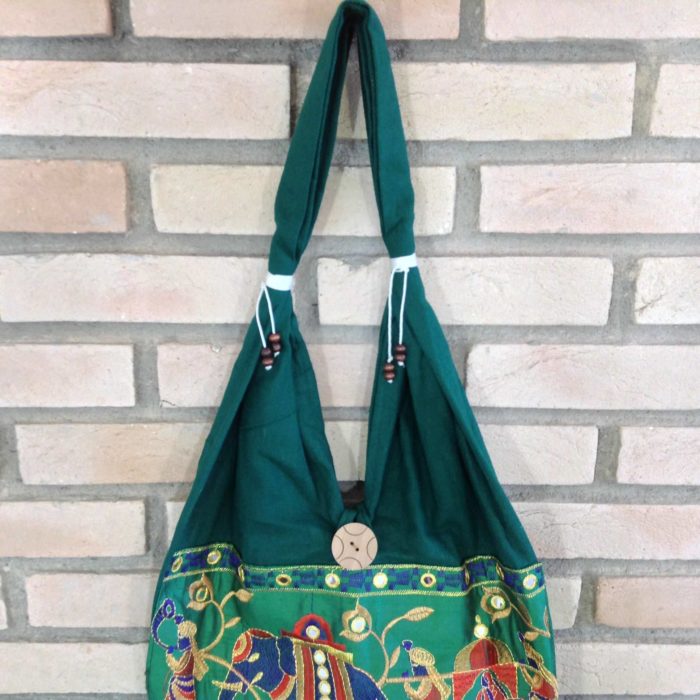Bolsa indiana estilo saco com bordado de elefante (cor verde)
