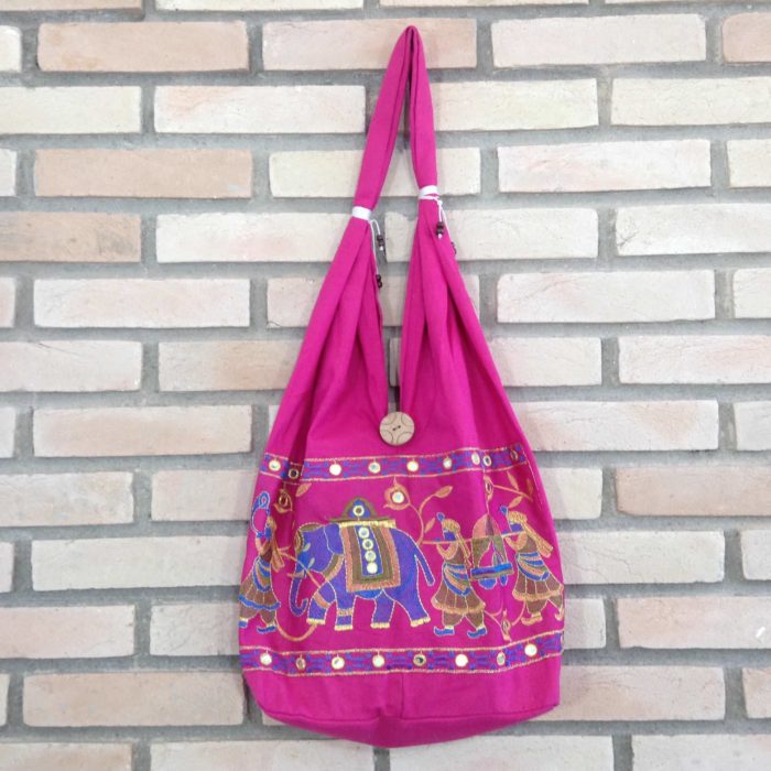 Bolsa indiana estilo saco com bordado de elefante (cor pink)