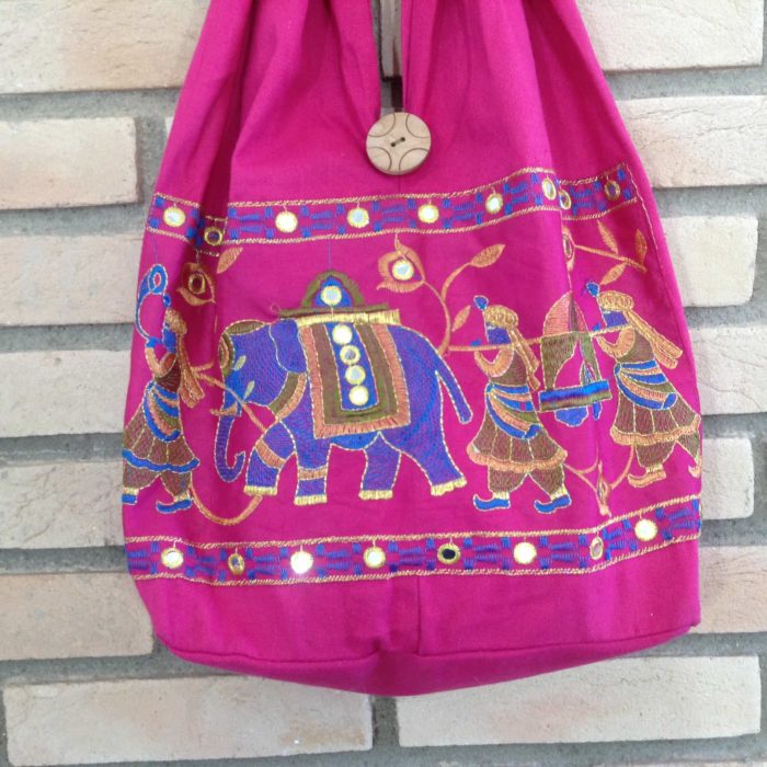 Bolsa indiana estilo saco com bordado de elefante (cor pink)