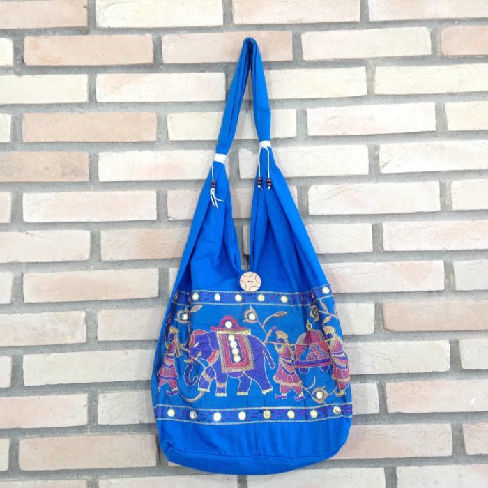 Bolsa indiana estilo saco com bordado de elefante (cor azul)
