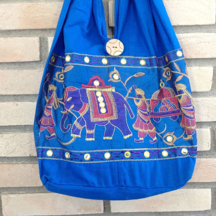 Bolsa indiana estilo saco com bordado de elefante (cor azul)