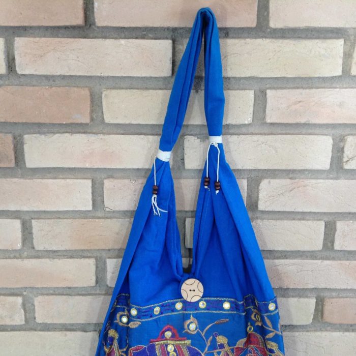 Bolsa indiana estilo saco com bordado de elefante (cor azul)