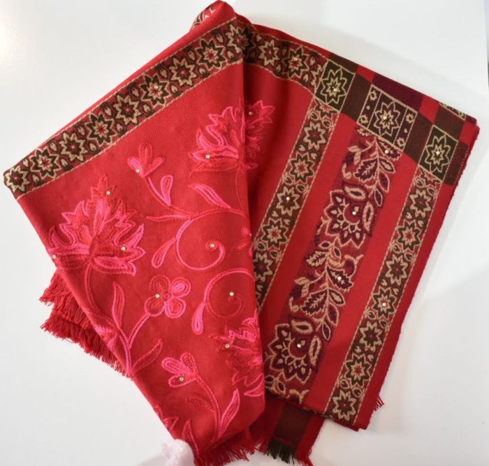 Pashimina de cashmere com bordados florais (100% artesanal) - Vermelho