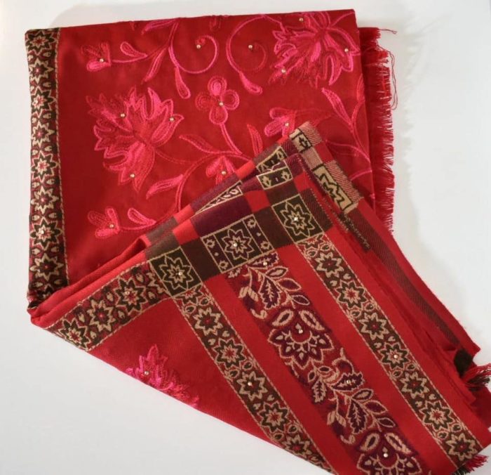 Pashimina de cashmere com bordados florais (100% artesanal) - Vermelho