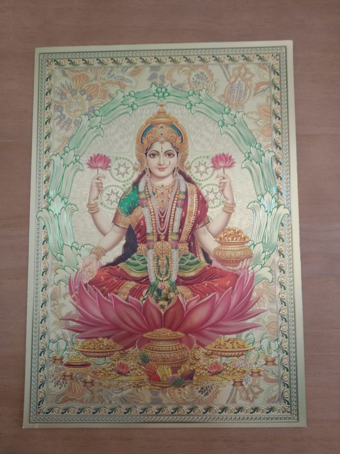 Folha laminada dourada para enquadrar e pendurar - Deusa Lakshmi (30 x 21 cm)