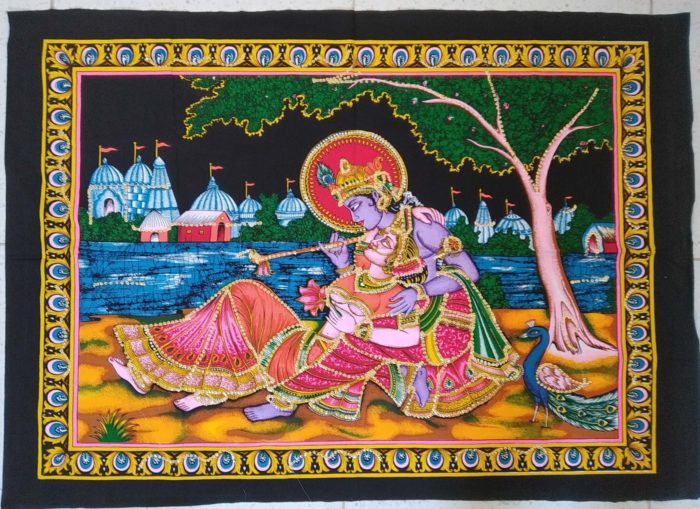 Painel grande clássico de deidade hindu paisagem - Radha e Krishna