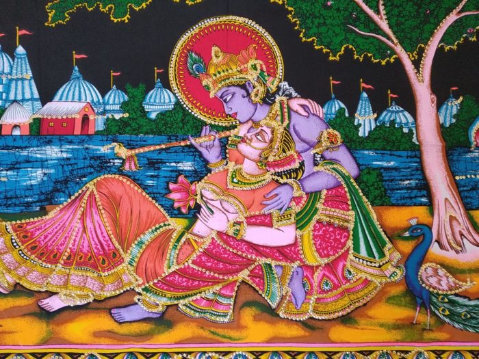 Painel grande clássico de deidade hindu paisagem - Radha e Krishna