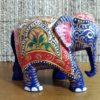 Elefante indiano de madeira pintado a mão azul e dourado