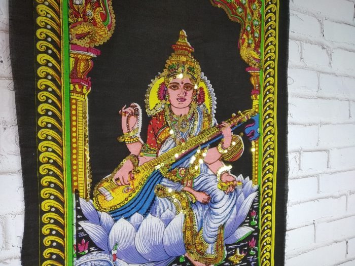 Painel de tecido clássico de deidade hindu Saraswati 55x40cm