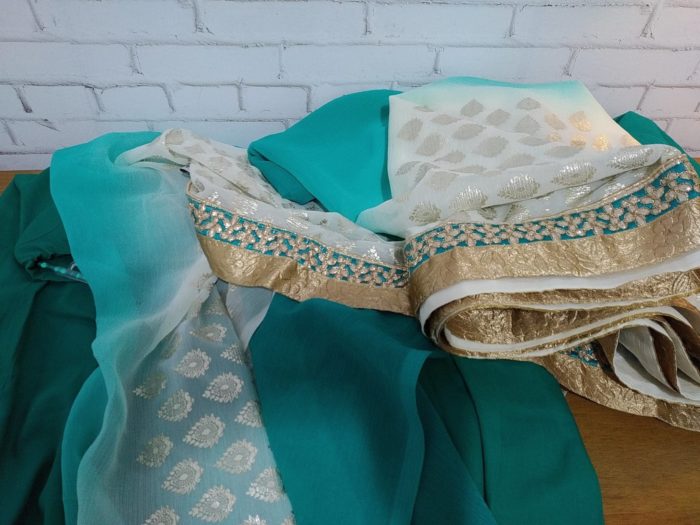 IMG_20190617_183338 Sari indiano luxo da marca Surya Saree verde água e dourado floral