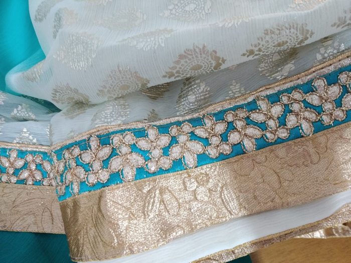 IMG_20190617_183343 Sari indiano luxo da marca Surya Saree verde água e dourado floral