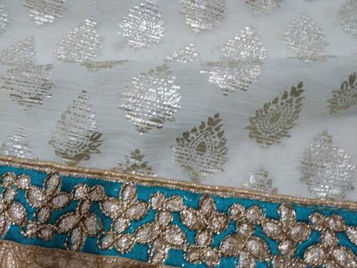IMG_20190619_163503 Sari indiano luxo da marca Surya Saree verde água e dourado floral