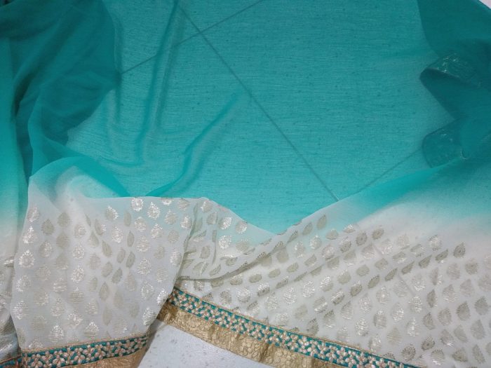 IMG_20190619_163534 Sari indiano luxo da marca Surya Saree verde água e dourado floral