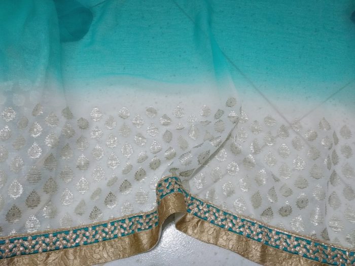IMG_20190619_163545 Sari indiano luxo da marca Surya Saree verde água e dourado floral