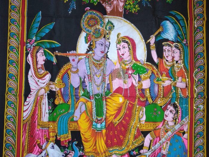 Painel grande clássico de deidade hindu Radha e Krishna com as Gopis