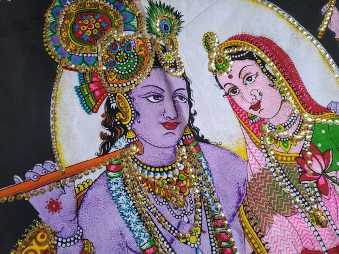 Painel grande clássico de deidade hindu Radha e Krishna com as Gopis