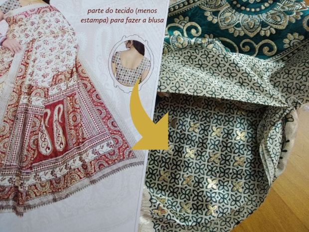 Sari indiano de seda adamascada estampa de arabescos tons pérola e verde