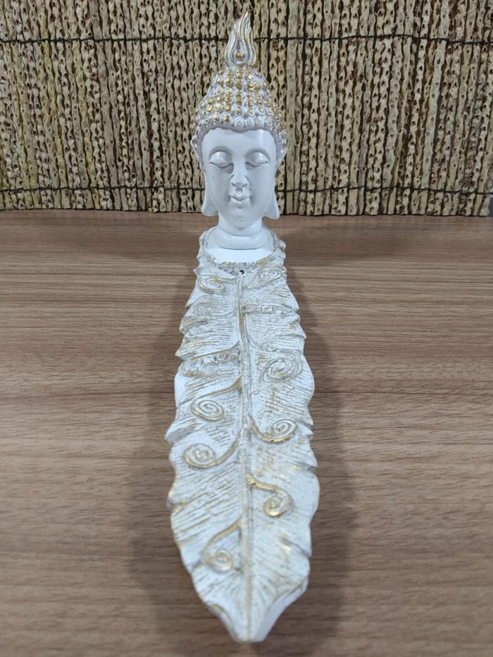 Incensário cabeça de Buda formato folha em resina branco e dourado