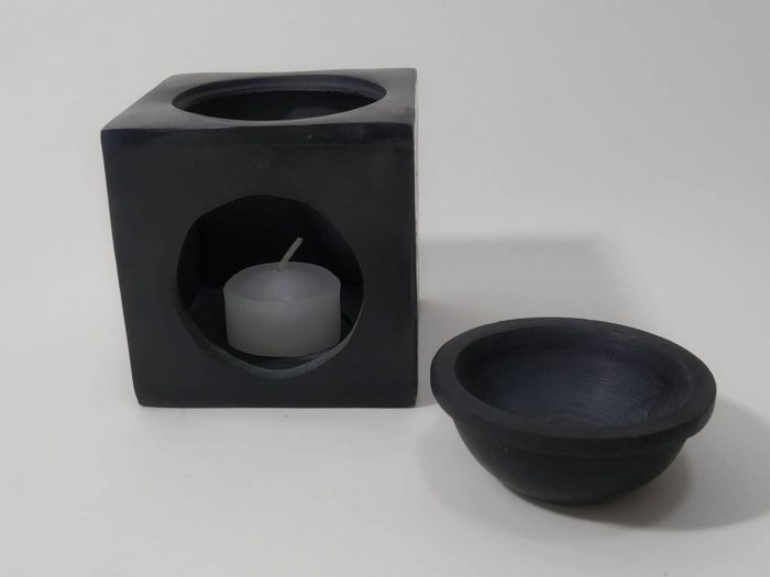 Difusor de pedra sabão preto base rechaud de vela Hamsá