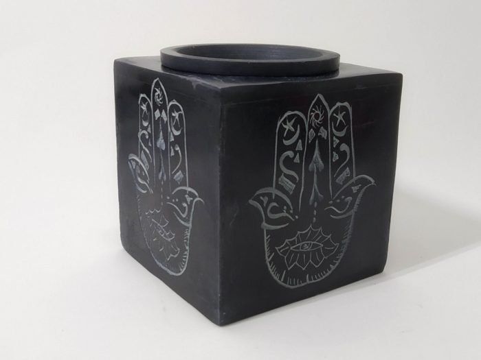 Difusor de pedra sabão preto base rechaud de vela Hamsá