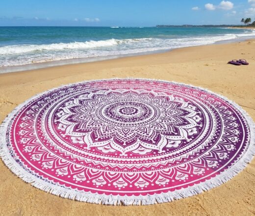 Canga indiana grande redonda mandala com franjas tons rosa