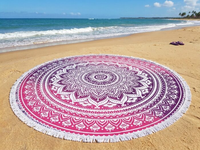 Canga indiana grande redonda mandala com franjas tons rosa