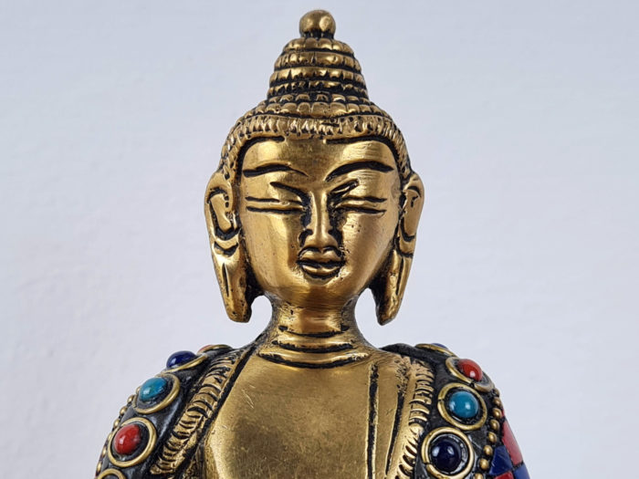 Estátua de Buda de metal brass e pedrarias naturais com 12cm