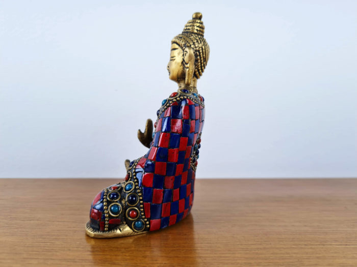 Estátua de Buda de metal brass e pedrarias naturais com 12cm