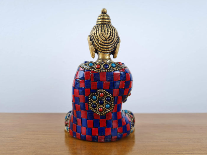Estátua de Buda de metal brass e pedrarias naturais com 12cm