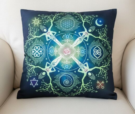 A estampa dessa almofada é rica em simbolismo espiritual e esotérico, unindo conceitos do Hinduísmo, Geometria Sagrada e Símbolos Universais.