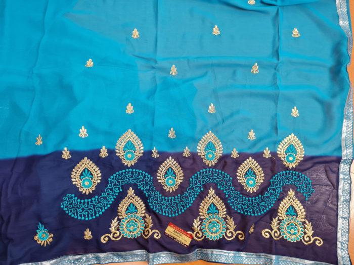Sari indiano de seda luxuoso azul claro com marinho