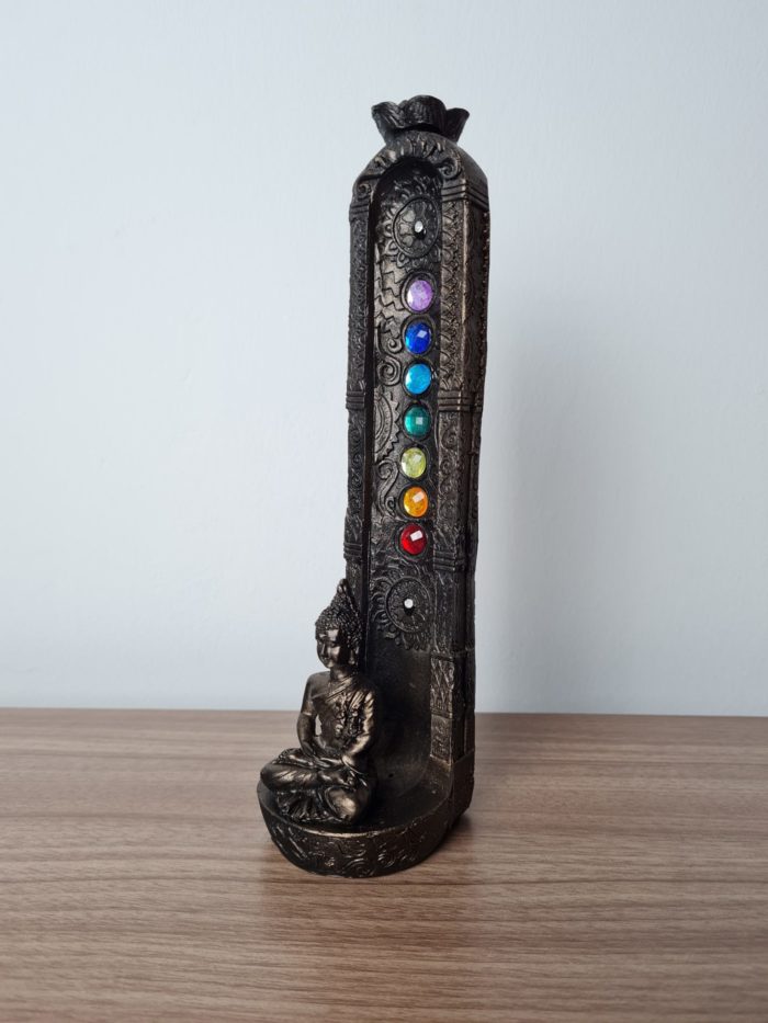 Incensário 7 chakras com Buda em resina ouro velho