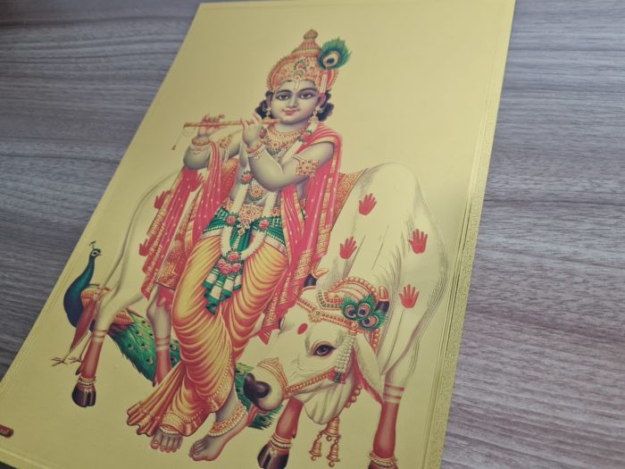 Folha laminada dourada para enquadrar e pendurar Krishna (30 x 21 cm)
