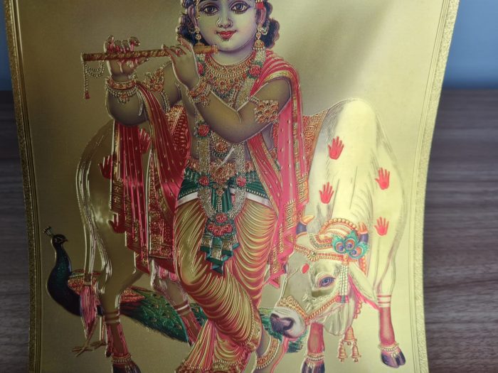 Folha laminada dourada para enquadrar e pendurar Krishna (30 x 21 cm)