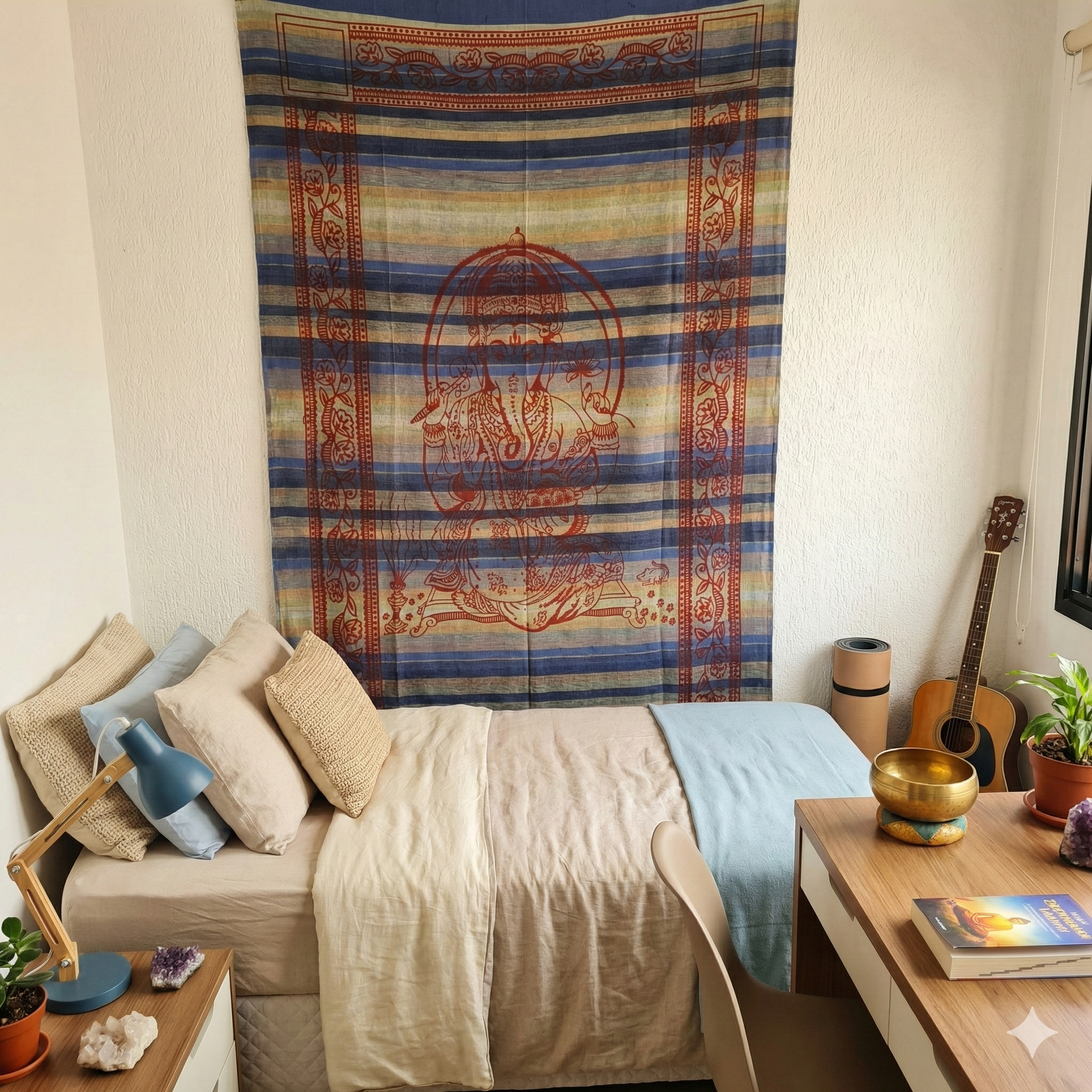 panô de Ganesha listrado tons frios, de algodão, 215cmx140cm