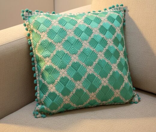 almofada-indiana-viscolinho-bege-bordados-verdes Almofada indiana quadrada bordada com pompons ao redor 40x40cm verde