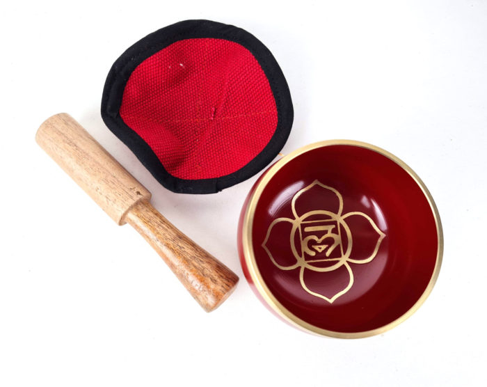 Kit com tigela tibetana Chakra Muladhara 8 cm vermelha