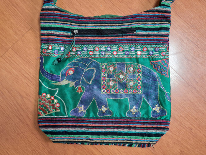 Bolsa indiana casual de algodão listrado com estampa de elefante verde