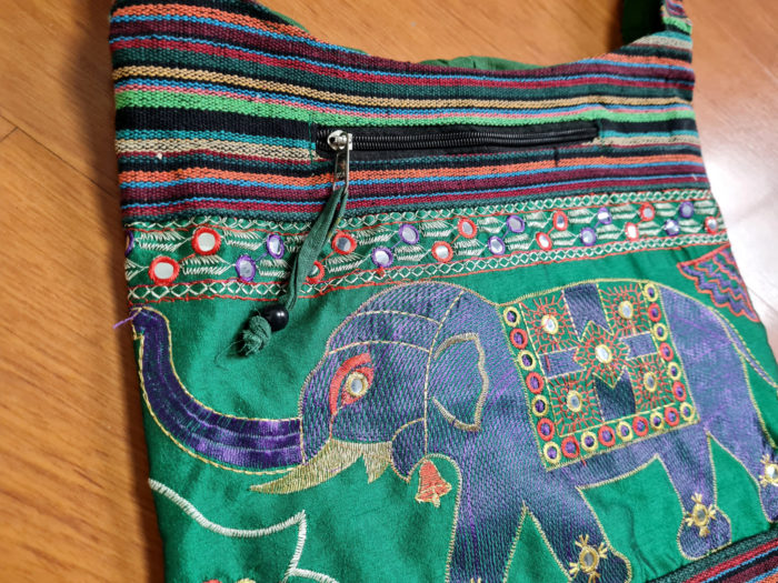 Bolsa indiana casual de algodão listrado com estampa de elefante verde