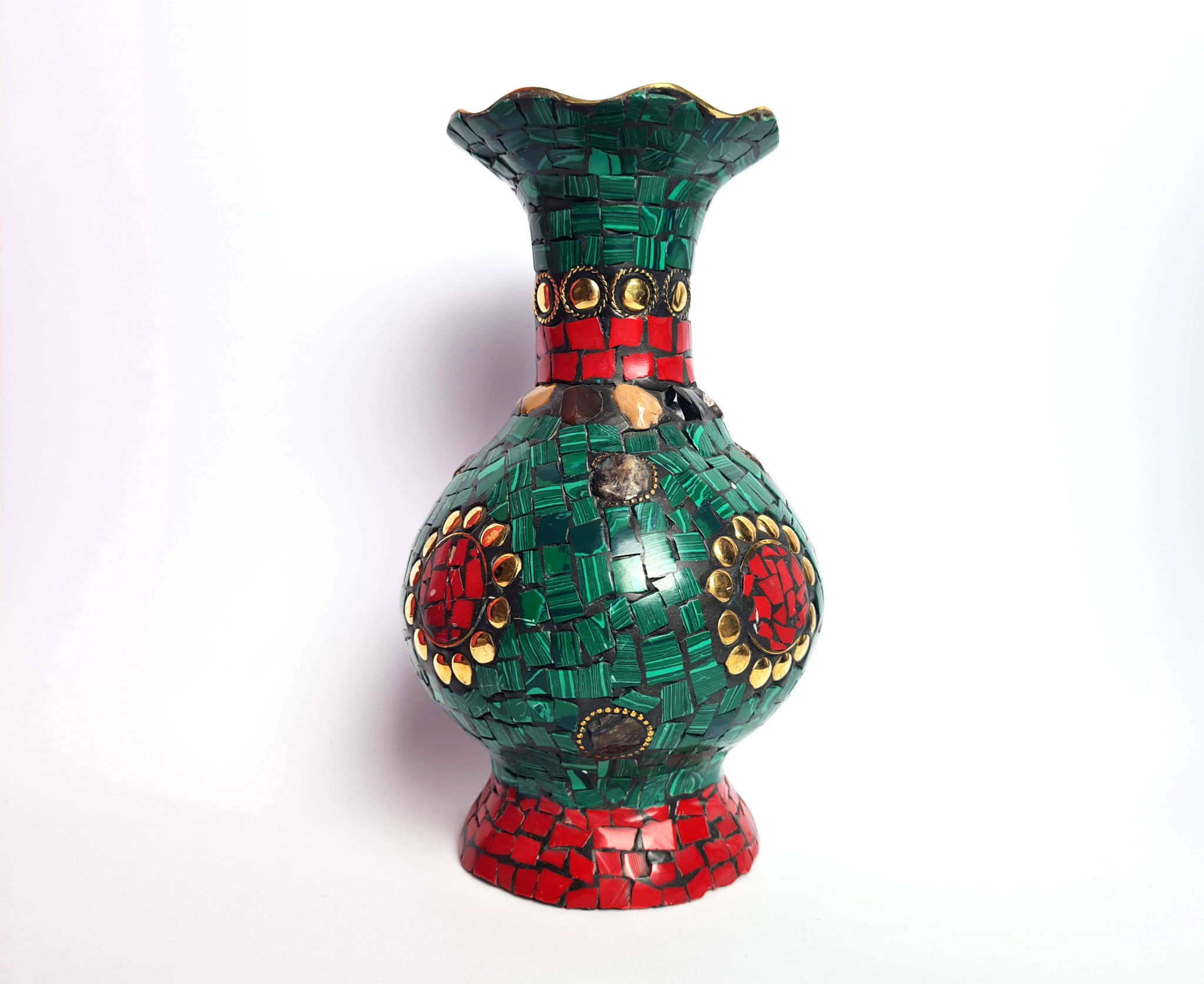 vaso indianomosaico de pedras malaquita e coral