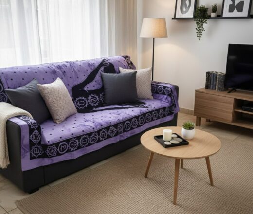 Panô indiano com técnica Batik estampa de Iogue e Chakras roxo