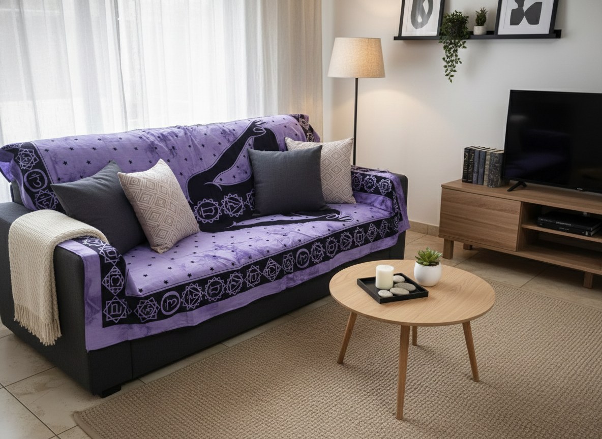 Panô indiano com técnica Batik estampa de Iogue e Chakras roxo