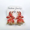 Brinco Jhumka técnica Cloisonné com design de pavão tons rosa
