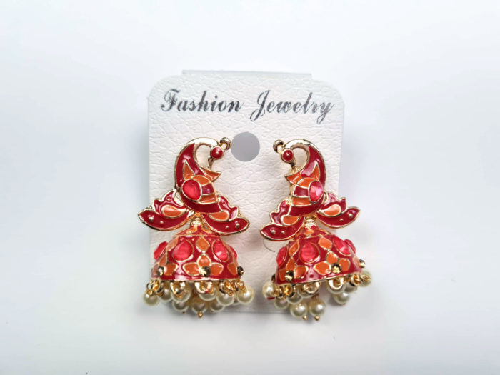 Brinco Jhumka técnica Cloisonné com design de pavão tons rosa