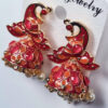 Brinco Jhumka técnica Cloisonné com design de pavão tons rosa