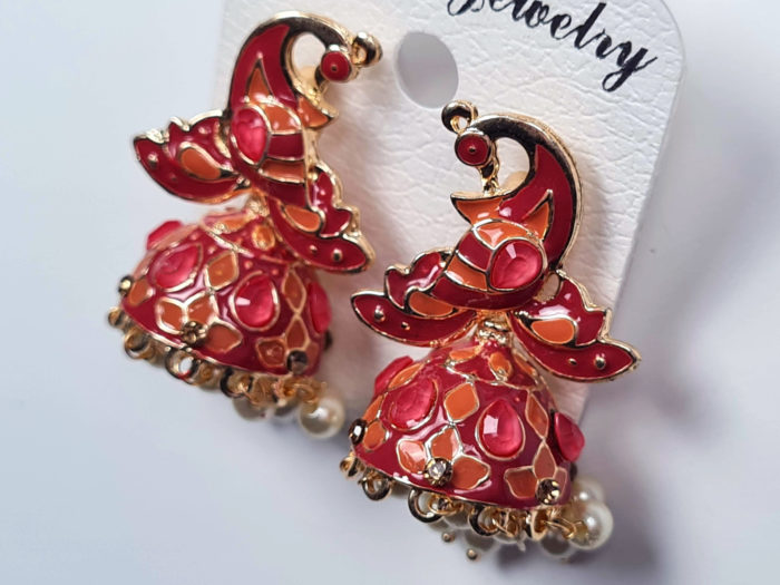 Brinco Jhumka técnica Cloisonné com design de pavão tons rosa