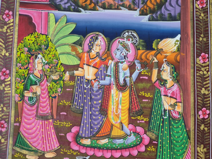 Pintura Rajasthani em seda design de cenário com Krishna e Radha na obra